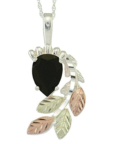 Pear Onyx Pendant Necklace, Sterling Silver, 12k Green and Rose Gold Black Hills Gold Motif, 18''