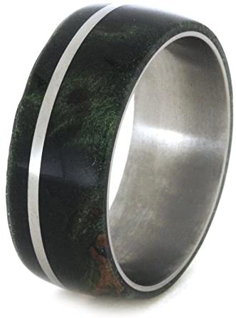 Green Box Elder Burl, Titanium Pinstripe 8mm Comfort-Fit Titanium Wedding Band, Size 12.75