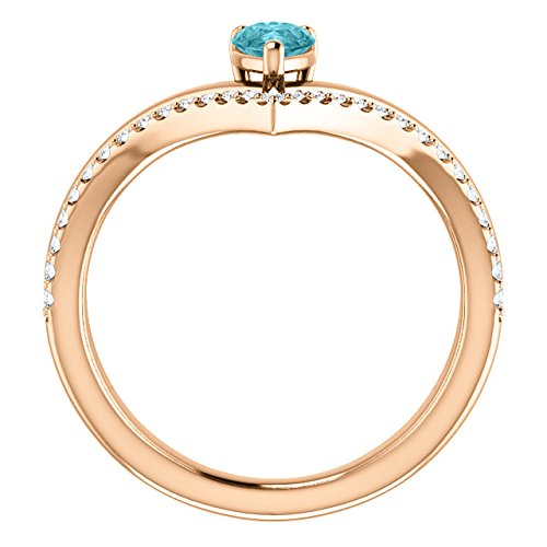 Blue Zircon Pear and Diamond Chevron 14k Rose Gold Ring (.145 Ctw, G-H Color, I1 Clarity)