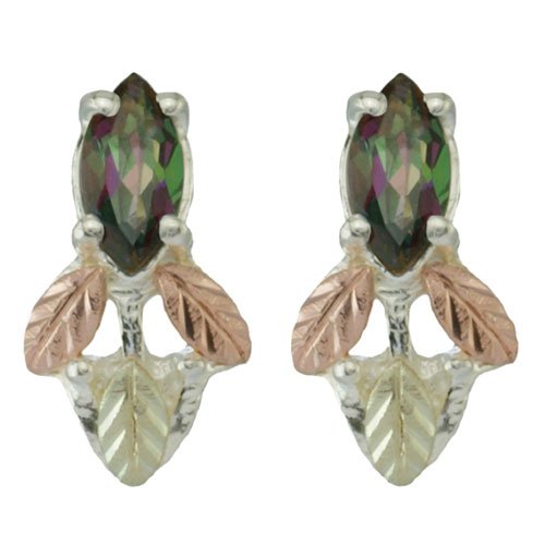 Mystic Fire Marquise Earrings, Sterling Silver, 12k Green and Rose Gold Black Hills Gold Motif