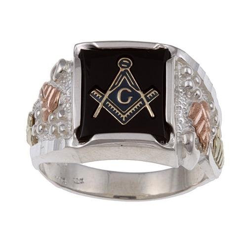 Men's Onyx Freemason's Ring, Sterling Silver, 12k Green and Rose Gold Black Hills Gold Motif, Size 10