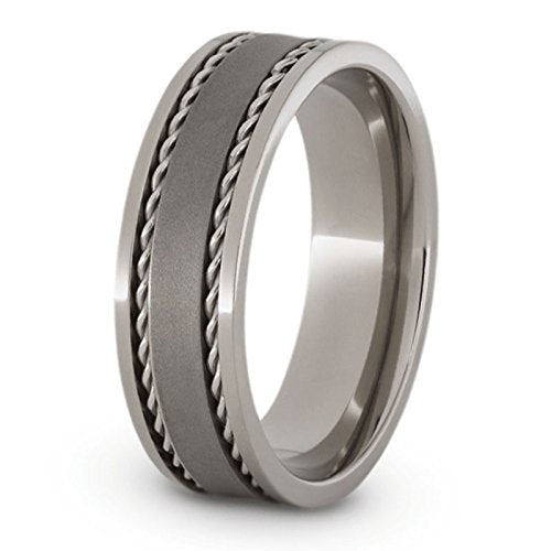 Rope Trimmed 6mm Comfort-Fit Satin and Polished Titanium Wedding Band