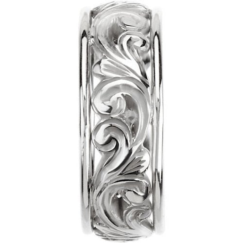 Hand-Engraved Fancy Brocade 9.5mm 14k White Gold Comfort-Fit Band, Size 6.5