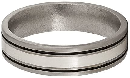 Satin Brushed Titanium, Sterling Silver and Black Pinstripes 6mm Comfort-Fit Dome Wedding Band, Size 10.5