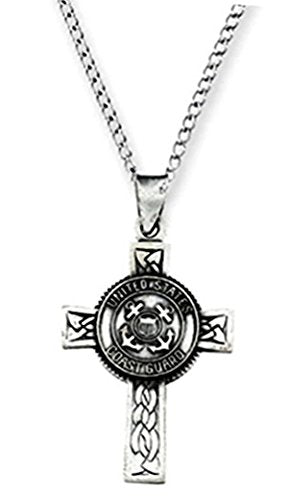 US Coast Guard Halo Cross Sterling Silver Pendant Necklace, 24"