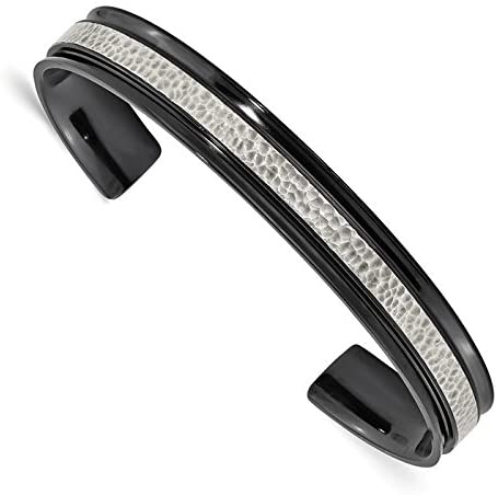 Men's Black Ti 10mm Argentinium Sterling Silver Hammered Inlay Cuff Bracelet, 7"