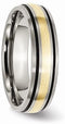 Brushed Titanium 6mm Grooved, 14k Yellow Inlay Antiqued Comfort-Fit Band, Size 12.5