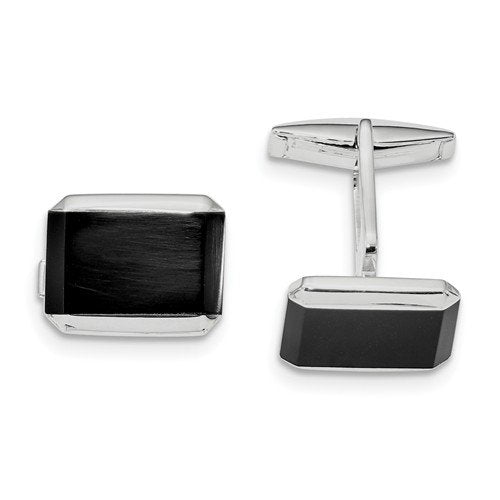 Rhodium-Plated Sterling Silver Onyx Rectangle Cuff Links, 24.1X18.1MM