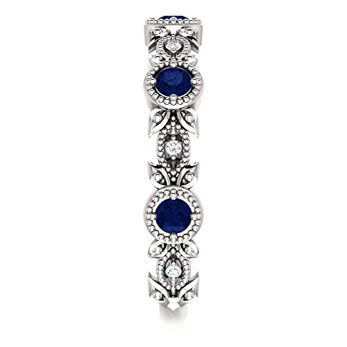 Blue Sapphire and Diamond Vintage-Style Ring, Rhodium-Plated 14k White Gold (0.03 Ctw, G-H Color, I1 Clarity)