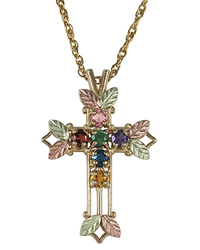 Amethyst, Sapphire, Citrine, Garnet, Emerald and Pink Tourmaline Pointed Cross Pendant Necklace, 10k Yellow Gold, 12k Green and Rose Gold Black Hills Gold Motif, 18"