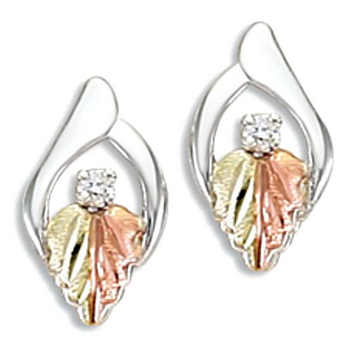 Diamond Spilt Leaf Earrings, Sterling Silver, 12k Green Gold and Rose Gold Black Hills Gold Motif