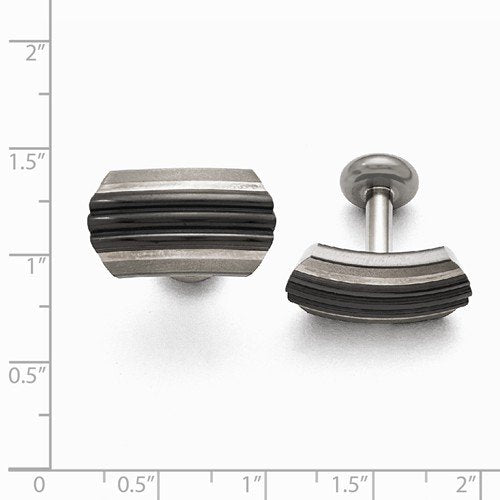 Sterling Silver, Black Titanium, Satin-Brushed Striped Rectangle Cuff Links, 15MM