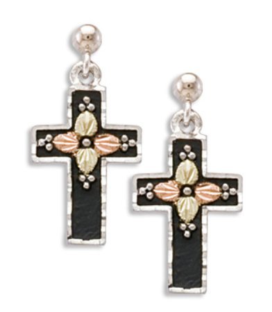 Antiqued Cross Earrings, Sterling Silver, 12k Green and Rose Gold Black Hills Gold Motif
