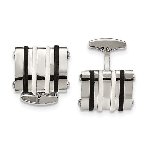 Stainless Steel, Black and White Rubber Bands Rectangle Cuff Links