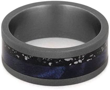 The Men's Jewelry Store (Unisex Jewelry) Blue Box Elder Burl Wood, Black Stardust 8mm Sandblasted Titanium Comfort-Fit Band, Size 14