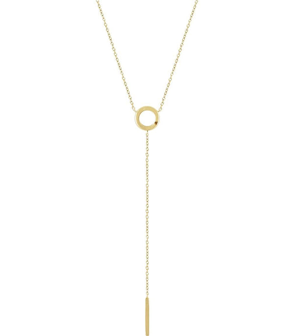 Circle and Bar Y Necklace in 14k Yellow Gold, Adjustable 16-18"