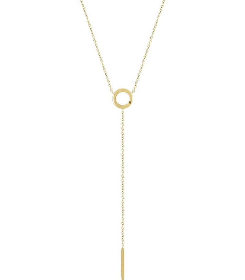 Circle and Bar Y Necklace in 14k Yellow Gold, Adjustable 16-18"