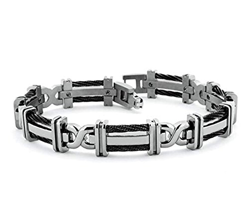 Men's Cable Squared Collection Gray Titanium 10mm Two Row Fold Over Cable Link Bracelet, 8.25"