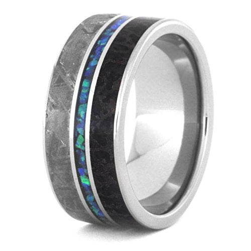 Crushed Synthetic Opal, Gibeon Meteorite, Dinosaur Bone 9.5mm Titanium Comfort-Fit Wedding Band