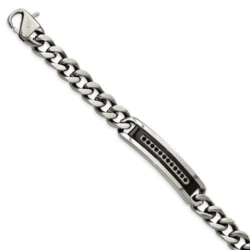 Men's Polished Stainless Steel Black IP-Plated Black CZ Curb Chain ID Bracelet,8.5"