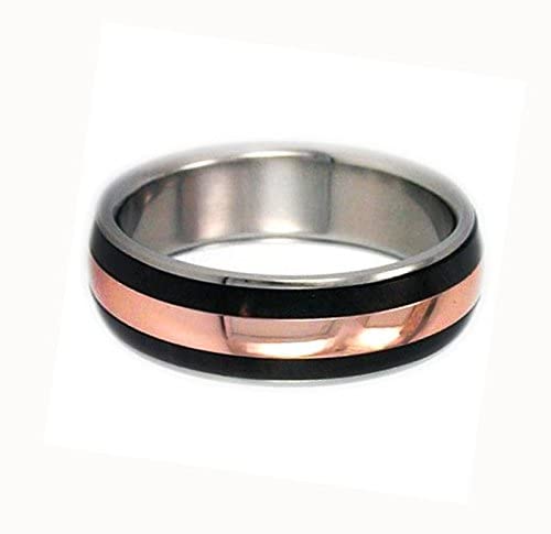 The Men's Jewelry Store (Unisex Jewelry) African Blackwood, 14k Rose Gold Pinstripe 8mm Comfort Fit Titanium Band, Size 14.5