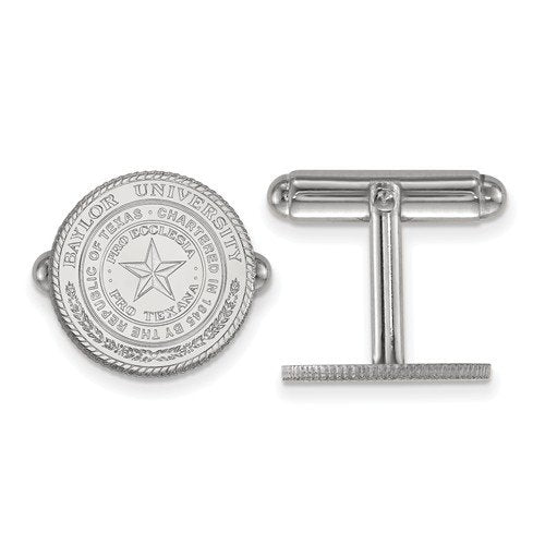 Rhodium-Plated Sterling Silver Baylor University Crest Bullet Back Round Cuff links, 15MM