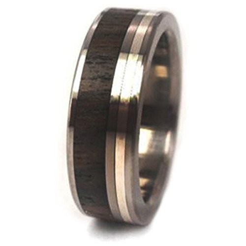 Ziricote Wood, Sterling Silver Inlay 7mm Comfort Fit Titanium Band, Size 10