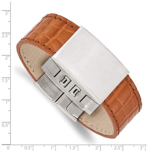Men's Textured Light Brown Leather Satin-Brushed Stainless Steel ID Bracelet, 8 Inches