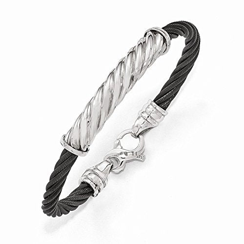Men's Tango Collection Black Titanium Memory Cable and Sterling Silver Bracelet, 7.25"