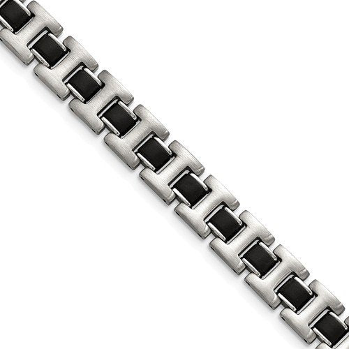 Men's Brushed Stainless Steel 11mm Black Rubber Link Bracelet, 8.5"