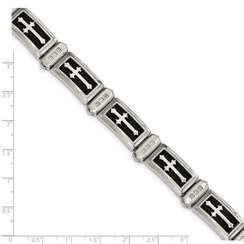 Men's Polished Stainless Steel with CZ Black Carbon Fiber Inlay Cross Bracelet, 8.5"