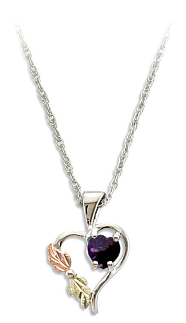 Purple CZ February Birthstone Heart Pendant Necklace, Sterling Silver, 12k Green and Rose Gold Black Hills Gold Motif, 18"