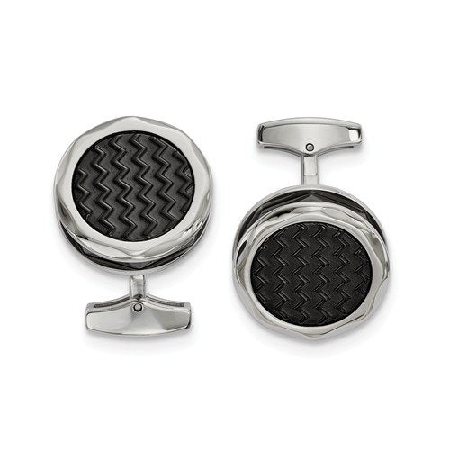 Stainless Steel Zig Zag Black IP-Plated Round Cuff Links, 23.67x13.05MM