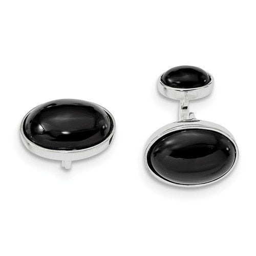 Rhodium-Plated Sterling Silver Onyx Oval Cuff Links, 18.8X15.5MM