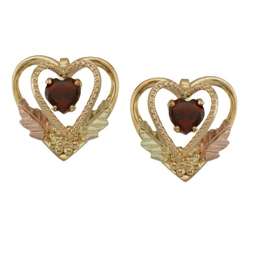 Garnet Double Heart Earrings, 10k Yellow Gold, 12k Green and Rose Gold Black Hills Gold Motif
