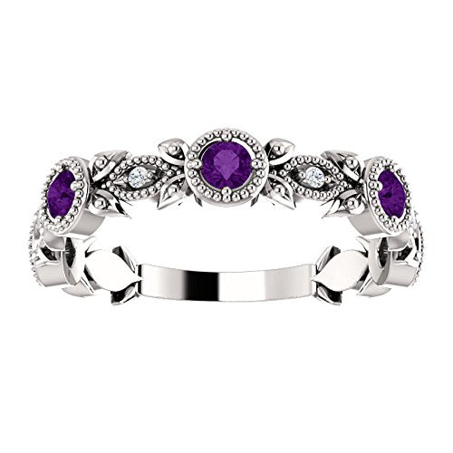 Amethyst and Diamond Vintage-Style Ring, Rhodium-Plated 14k White Gold, Size 6.5