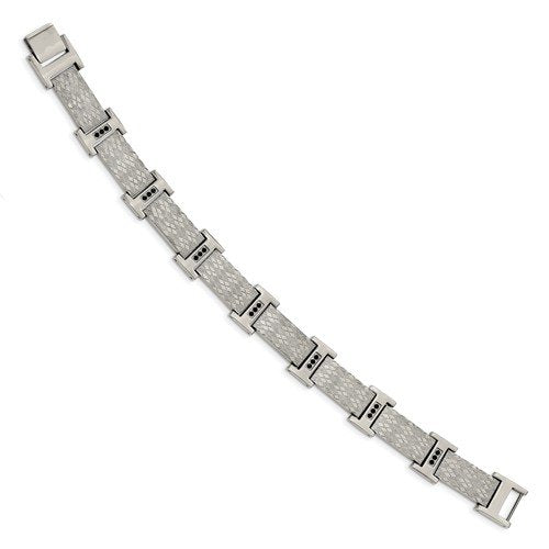 Men's Polished Stainless Steel Textured Black CZ Link Bracelet, 8.5"