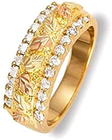 Diamond with Leaves Ring, 10k Yellow Gold, 12k Green and Rose Gold Black Hills Gold Motif, Size 9.75