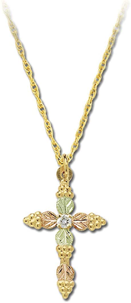 Ave 369 Diamond Cross Pendant Necklace, 10k Yellow Gold, 12k Green and Rose Gold Black Hills Gold Motif, 18" (.05 Ct)
