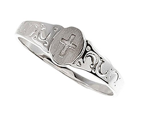 Boy's and Girl's Cross Signet Ring, Rhodium Plate 14k White Gold 5x4mm, Size 2