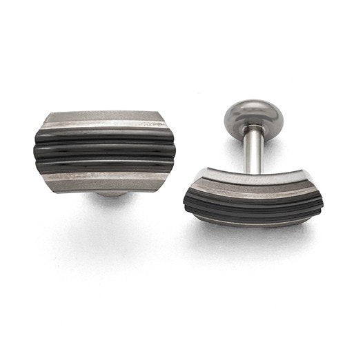 Sterling Silver, Black Titanium, Satin-Brushed Striped Rectangle Cuff Links, 15MM