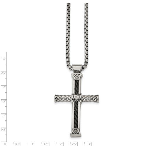 Edward Mirell Stainless Steel and Black Memory Cable Cross Necklace, 20"