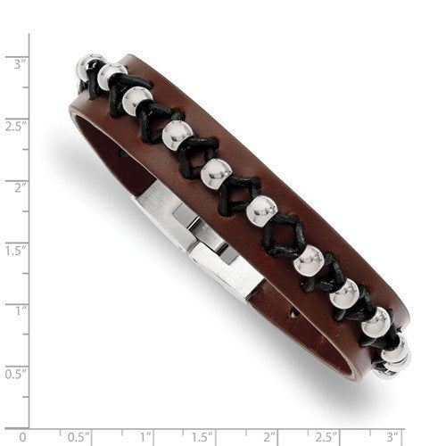 Men's Polished Stainless Steel Brown Leather with Beads Bracelet, 8.5 "