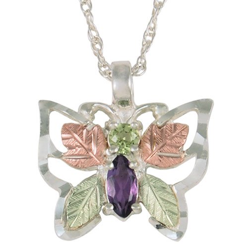 Peridot and Amethyst Butterfly Necklace, Sterling Silver, 12k Green and Rose Gold Black Hills Gold Motif, 18''