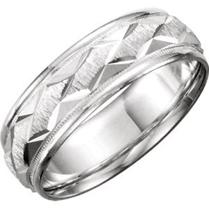 Diamond-Cut Ice Finish Milgrain 7mm 10k White Gold Comfort Fit Patterned Band, Size 9.5