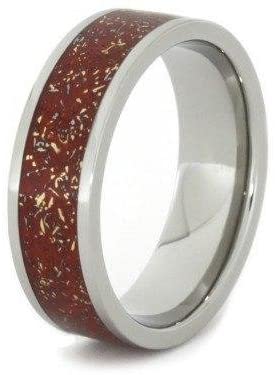 The Men's Jewelry Store (Unisex Jewelry) Red Stardust with Meteorite and 14k Yellow Gold 7mm Comfort-Fit Titanium Ring, Size 8.5