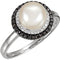 14k White Gold Freshwater Cultured Pearl, Black and White Diamond Halo Ring, Size 6 to 7