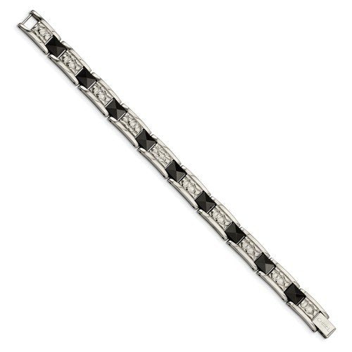 Men's Polished Stainless Steel 9mm Black IP-Plated and Textured Bracelet, 8.5"