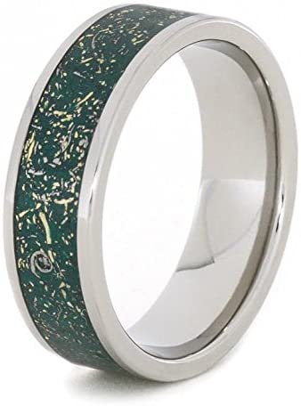 The Men's Jewelry Store (Unisex Jewelry) Green Stardust with Meteorite and 14k Yellow Gold 7mm Comfort-Fit Titanium Ring, Size 7.25