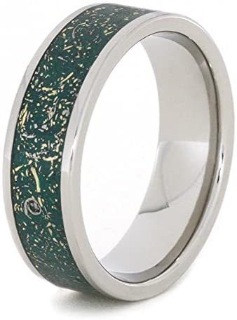 The Men's Jewelry Store (Unisex Jewelry) Green Stardust with Meteorite and 14k Yellow Gold 7mm Comfort-Fit Titanium Ring, Size 10.75